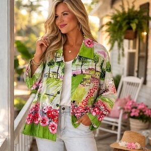 VINTAGE Plus‎ Size Embellished  Scenic Floral Blazer XXL